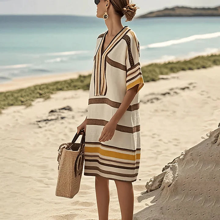 V-Neck Striped Half Sleeve Loose Beach Tunic Midi Dress