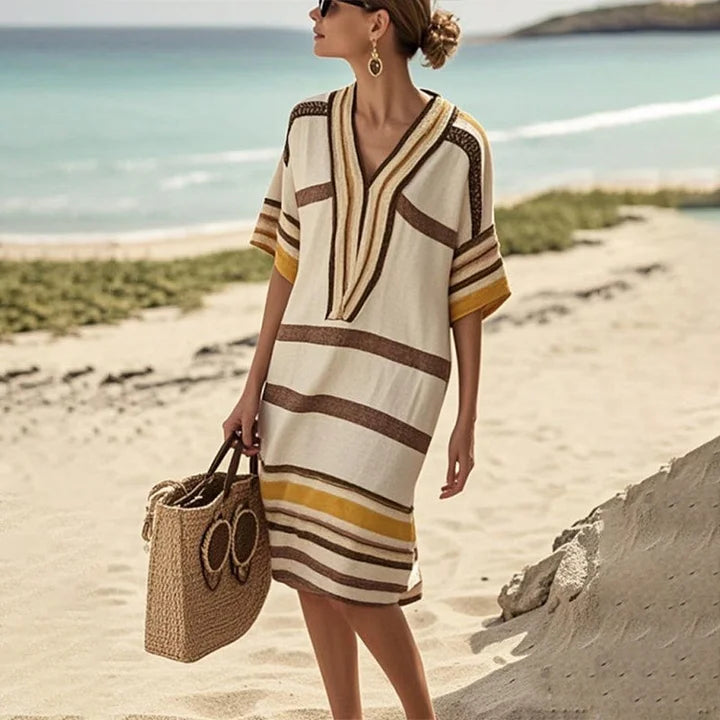 V-Neck Striped Half Sleeve Loose Beach Tunic Midi Dress