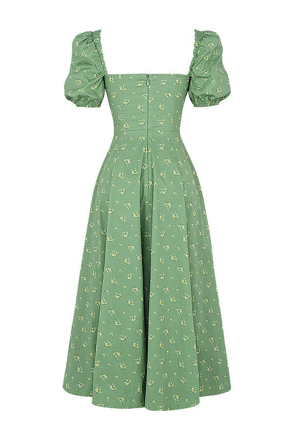 Vintage Floral Puff Sleeve Midi Dress in Green