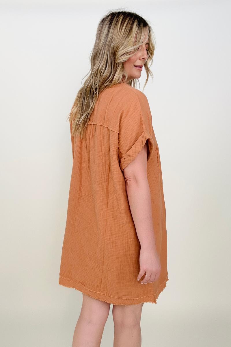 V-Neck Short Sleeve Gauze Raw Edge Babydoll Mini Dress