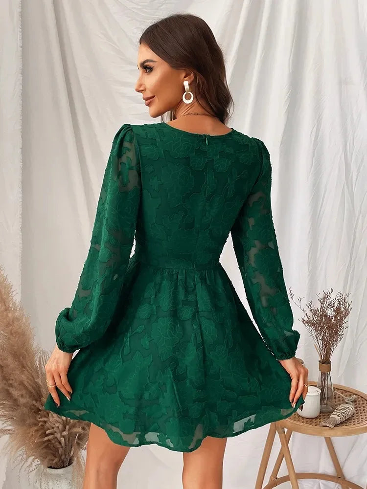 2024 Long Sleeve Green Plunge ALine Mini Boho Dress
