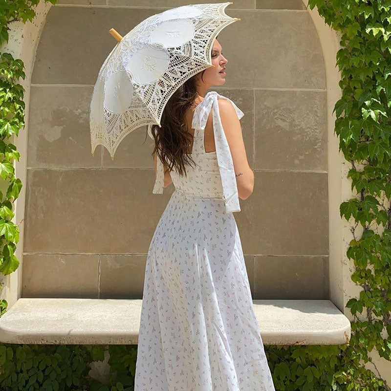 White Floral Tie Strap Sweetheart Ruched High Slit A-Line Midi Dress