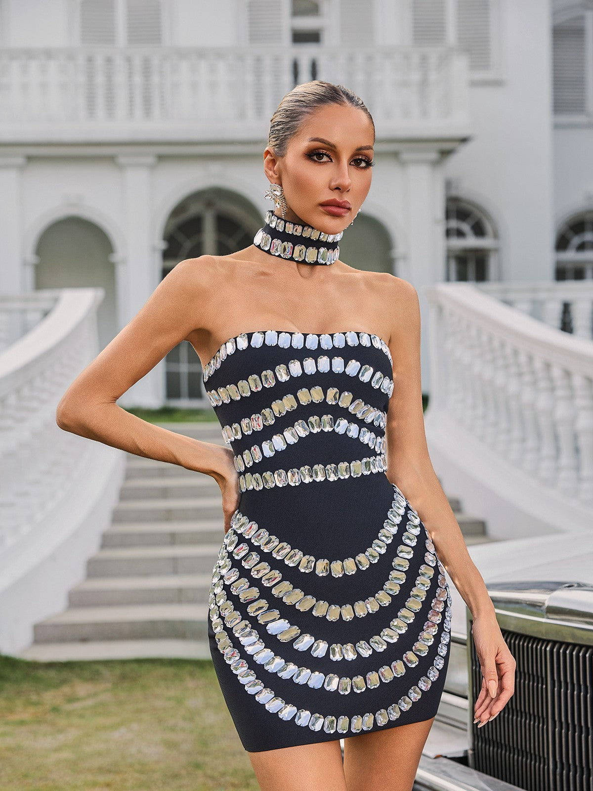 Strapless Crystal Bandage Mini Dress With Choker