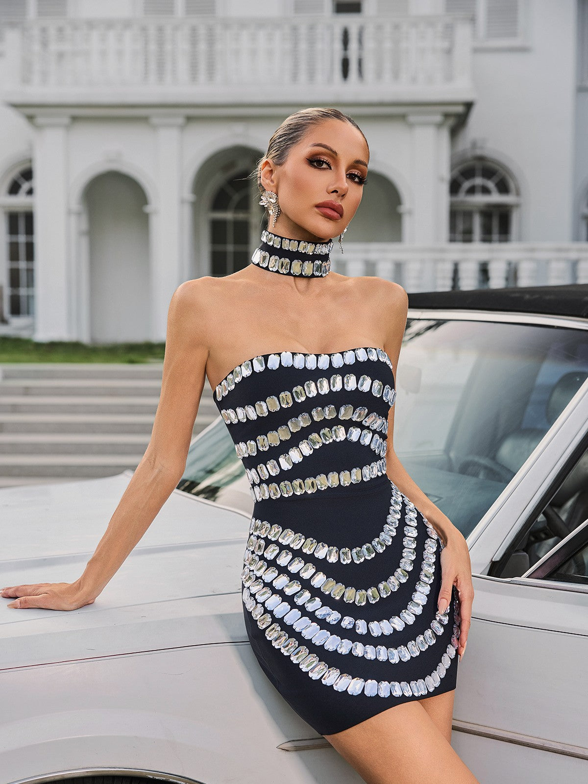 Strapless Crystal Bandage Mini Dress With Choker