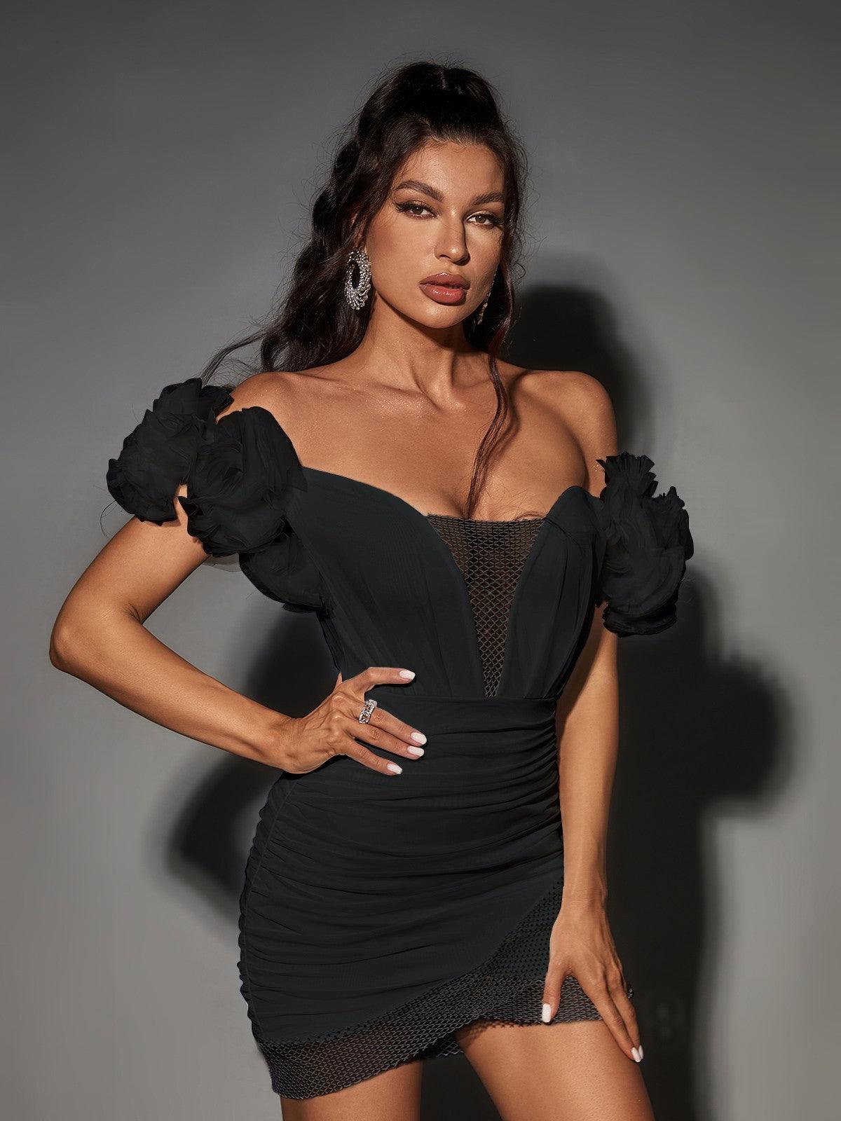 Off-Shoulder Puff Sleeve Mesh Illusion Corset Ruched Bodycon Mini Dress