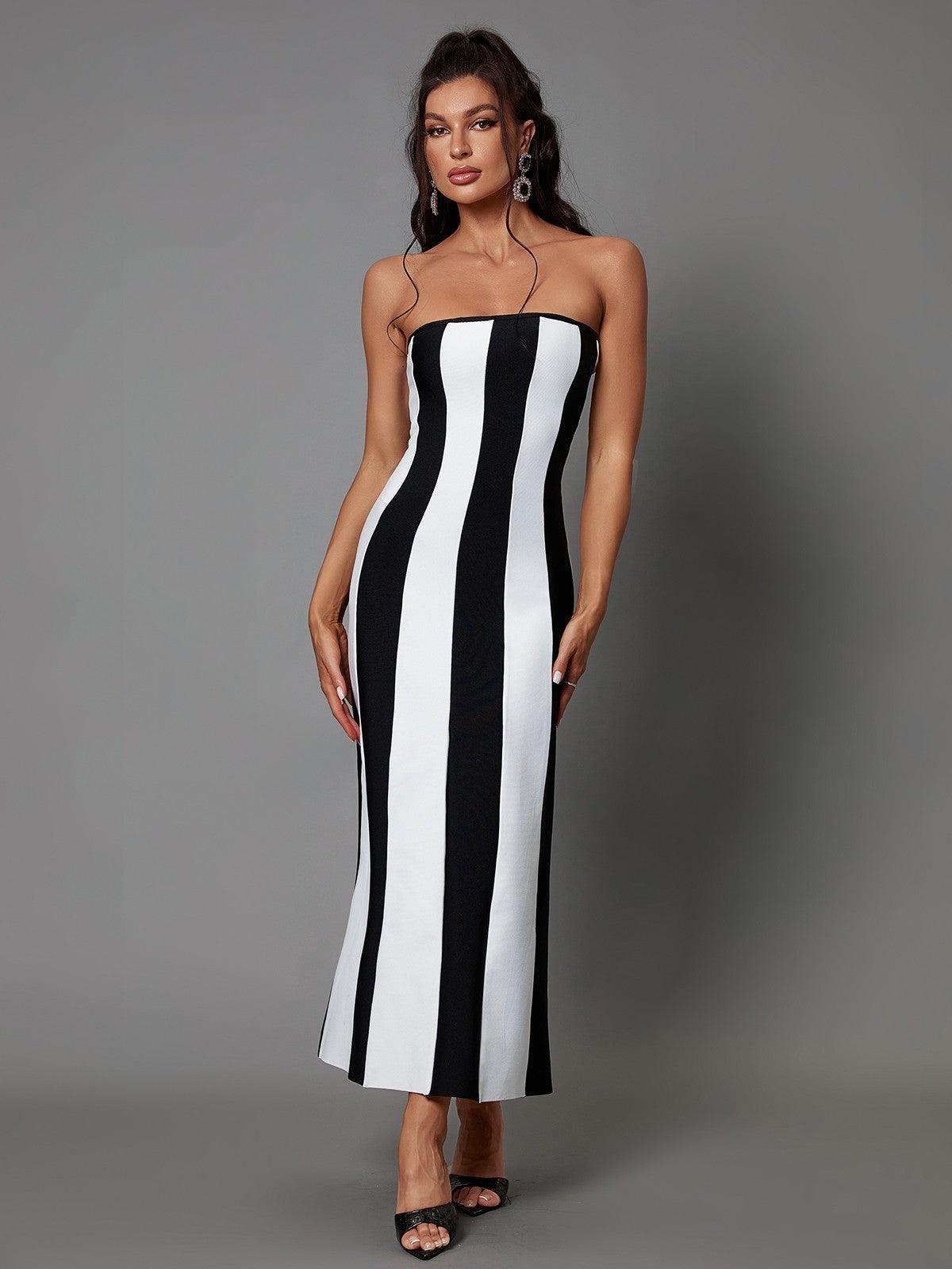 Strapless Vertical Stripe Colorblock Bandage Mermaid Maxi Dress