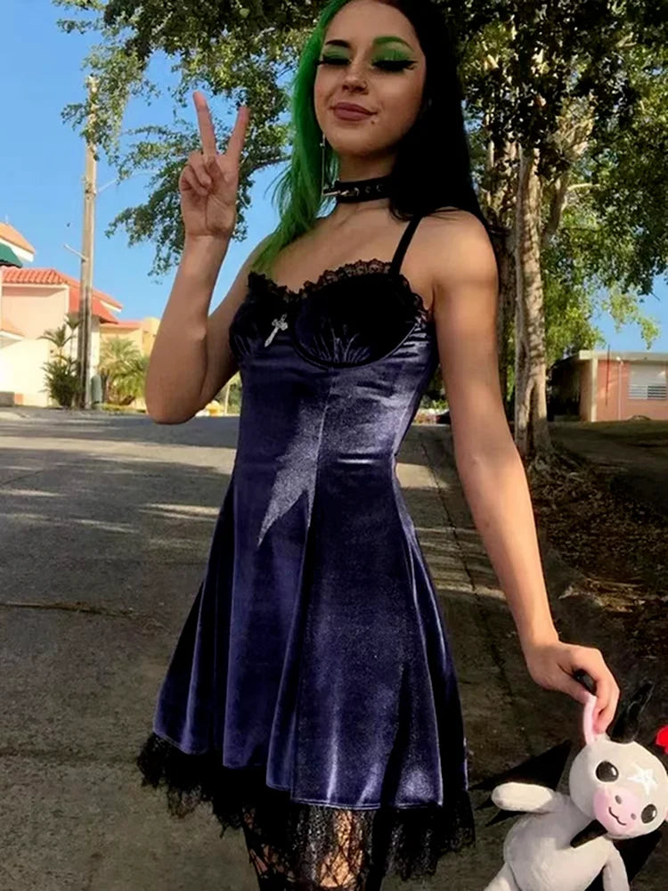 Velvet Gothic Black Vintage Spaghetti Strap High Waist Aesthetic Elegant Party Dress