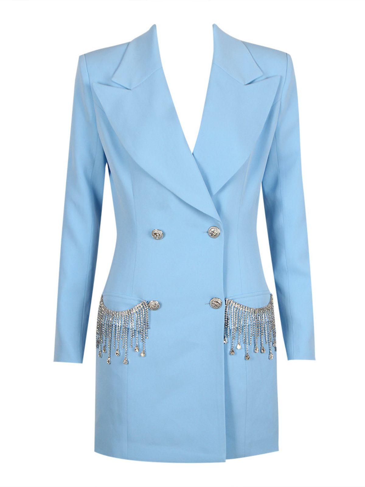 Lapel Collar Long Sleeve Crystal Fringe Double Breasted Blazer Mini Dress