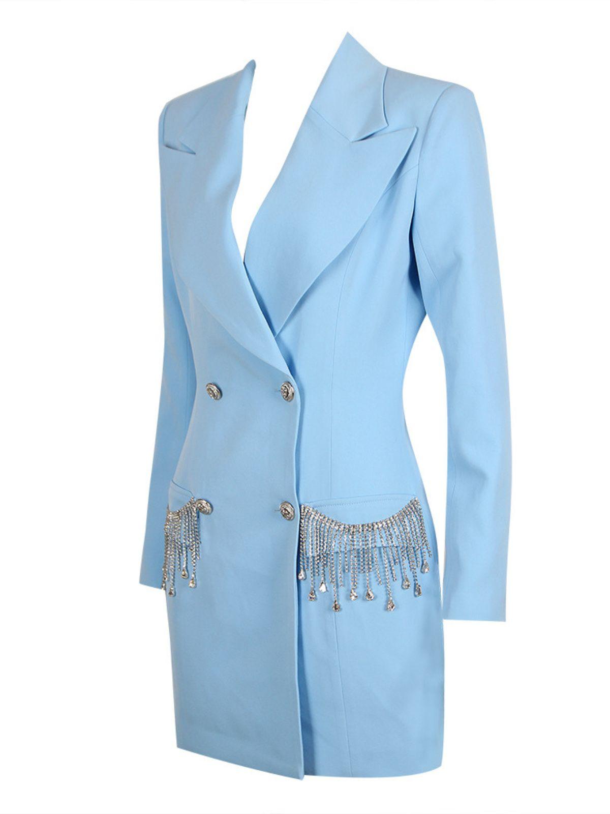 Lapel Collar Long Sleeve Crystal Fringe Double Breasted Blazer Mini Dress