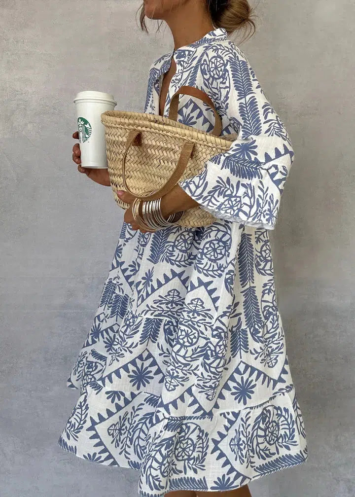 Blue Notched Neck Long Sleeve Boho Print Tiered Mini Dress