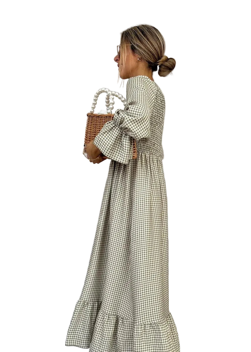 Round Neck Gingham Shirred Bodice Flounce Sleeve A-Line Maxi Dress