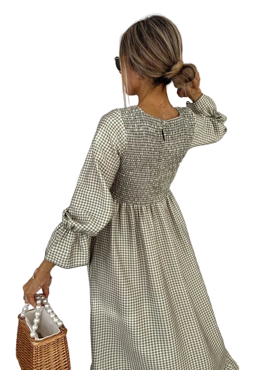 Round Neck Gingham Shirred Bodice Flounce Sleeve A-Line Maxi Dress