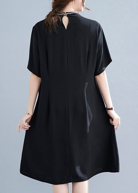 Vintage Black Stand Collar Button Butterfly Embroidered Cheongsam Dresses Short Sleeve