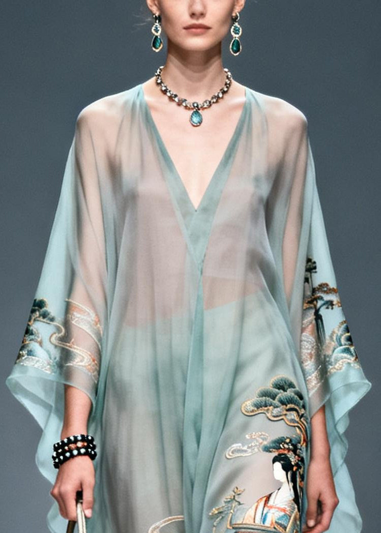 Vintage Blue Oversized Print Chiffon Long Dresses Summer