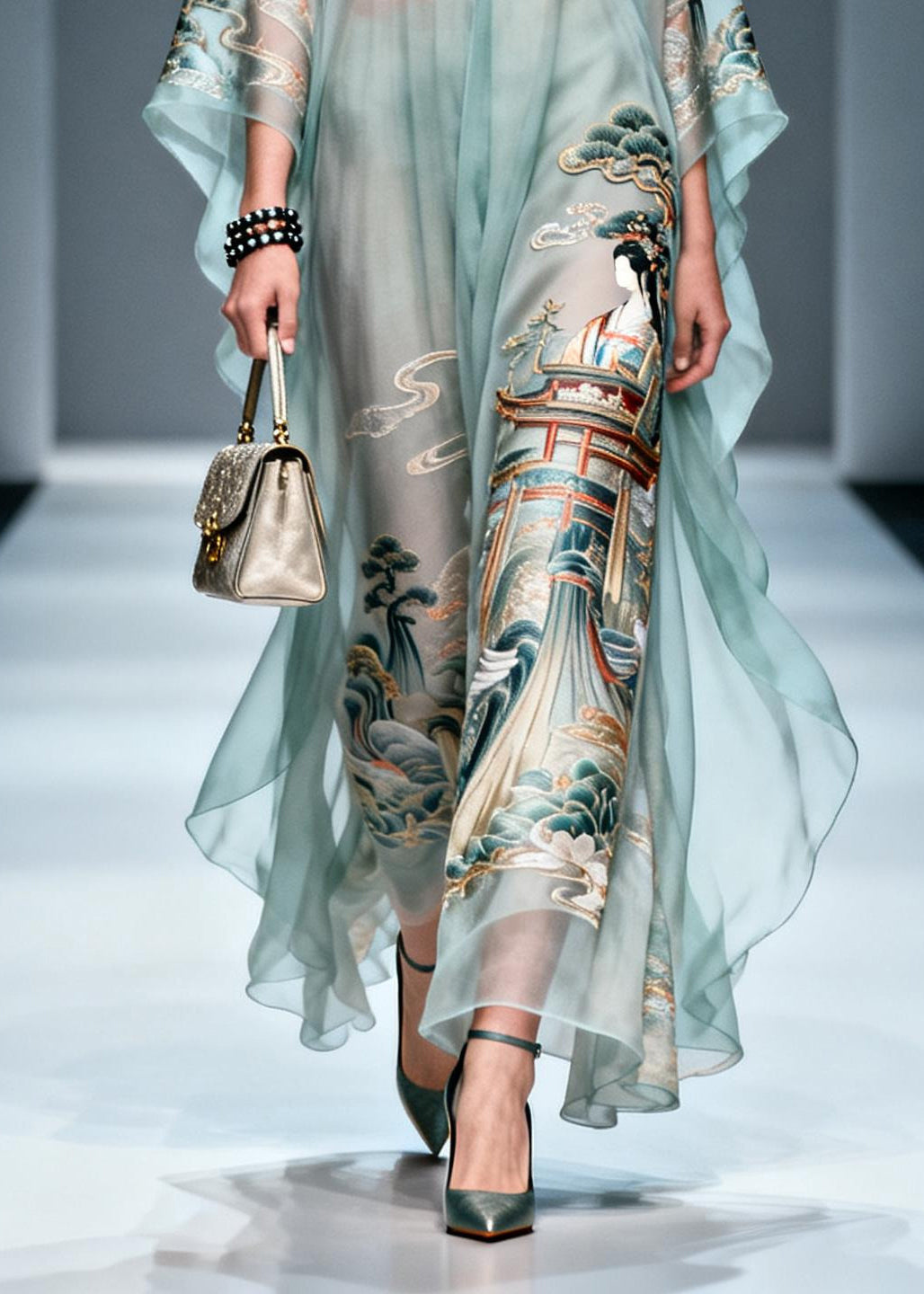 Vintage Blue Oversized Print Chiffon Long Dresses Summer