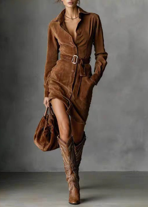 Vintage Camel Button Pockets Sashes Faux Suede Shirts Dresses Spring