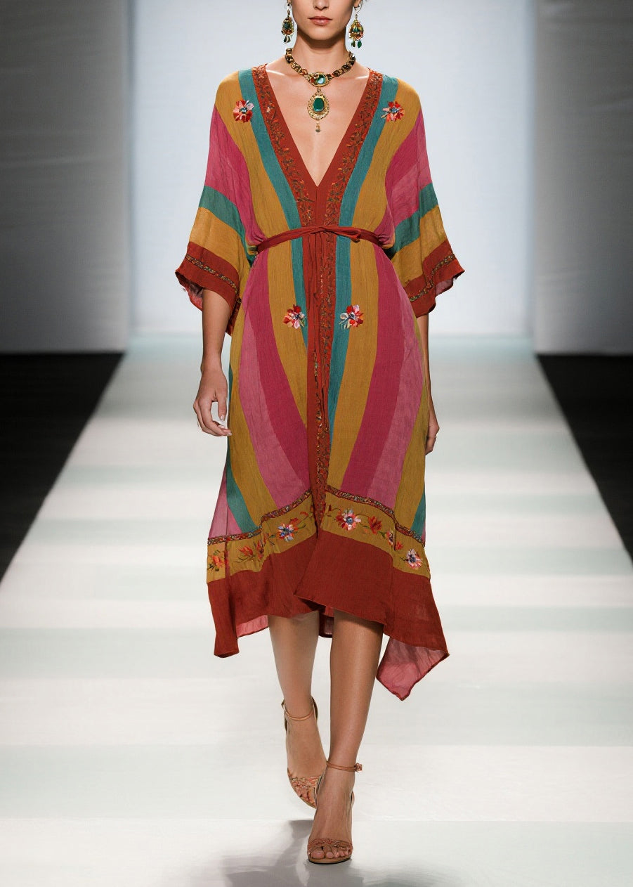 Deep V-Neck Tie-Waist Kimono Sleeve Vertical Stripe Floral Border Hem Midi Dress 3