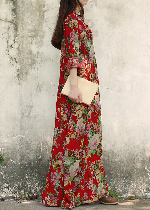 Vintage Dark Red O-Neck Pocket Print Cotton Long Dresses Long Sleeve (Limited Stock)