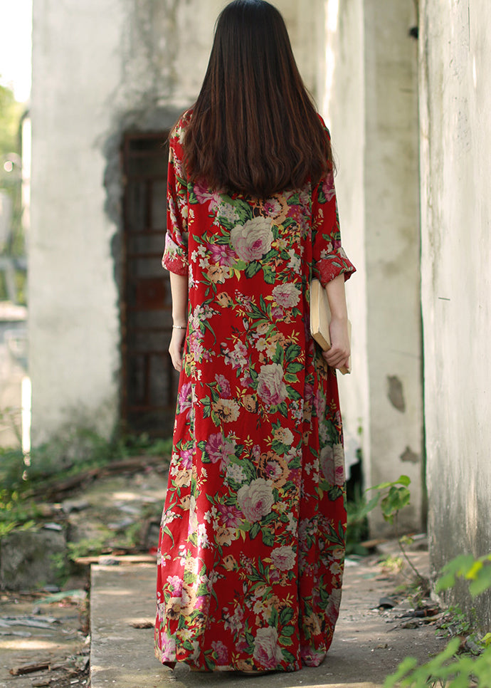 Vintage Dark Red O-Neck Pocket Print Cotton Long Dresses Long Sleeve (Limited Stock)
