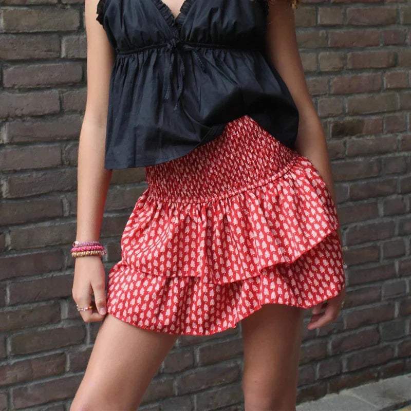 High Waist Ruffled Cottage Skirt rose / S skirts-250223