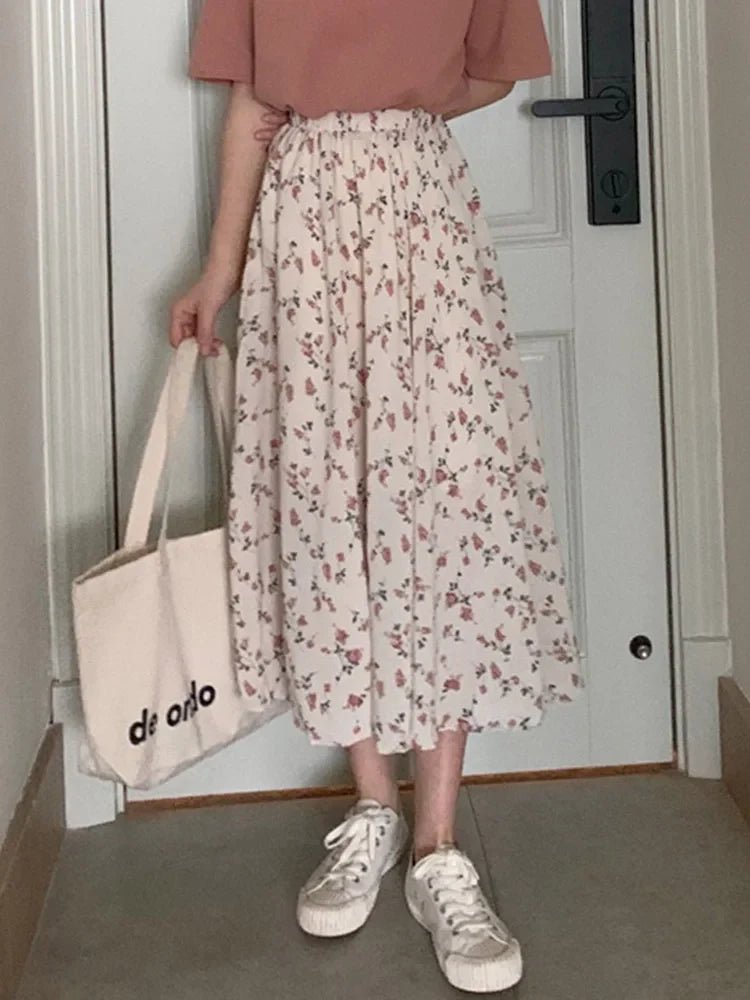 Vintage Floral Print Aline Pleated Streetwear Drawstring Midi Skirt