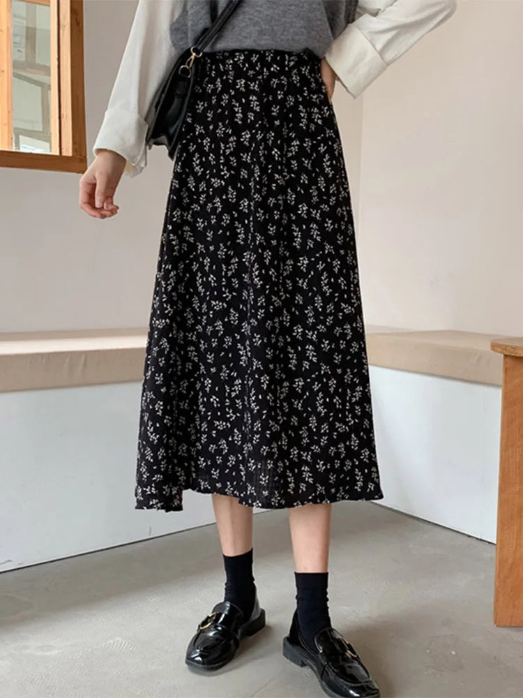 Vintage Floral Print Aline Pleated Streetwear Drawstring Midi Skirt