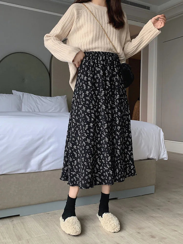 Vintage Floral Print Aline Pleated Streetwear Drawstring Midi Skirt