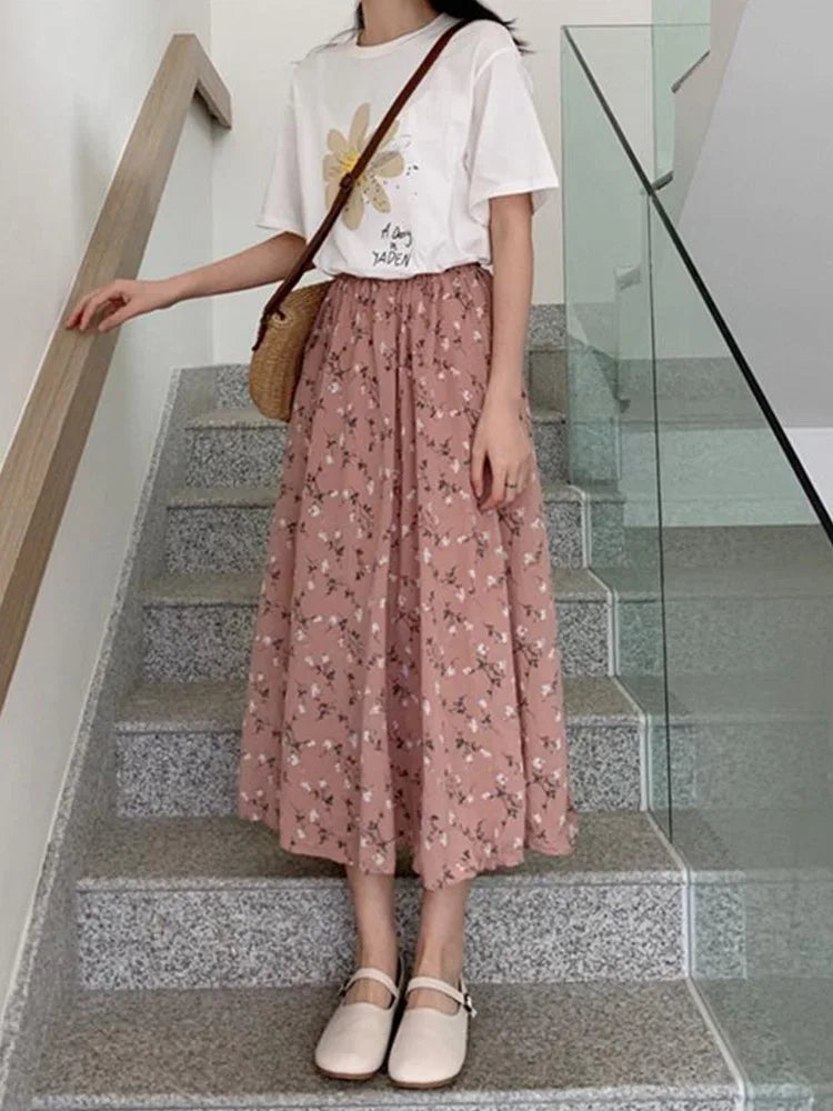 Vintage Floral Print Aline Pleated Streetwear Drawstring Midi Skirt