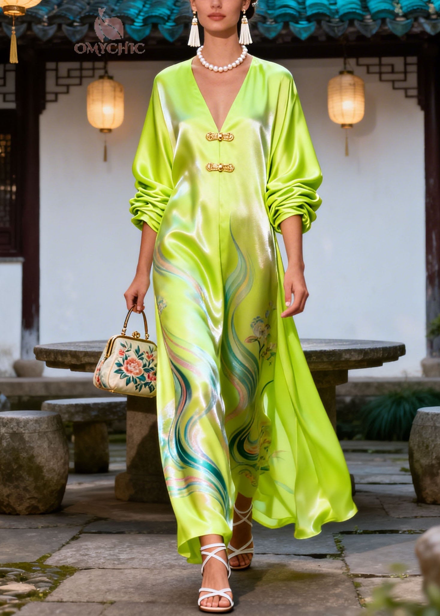 Vintage Green V Neck Print Chinese Button Silk Dress Summer