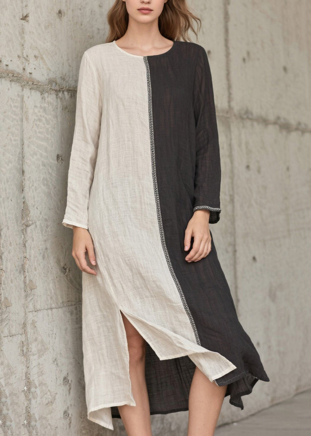 Vintage Grey Asymmetrical Patchwork Side Open Cotton Vacation Dresses Spring