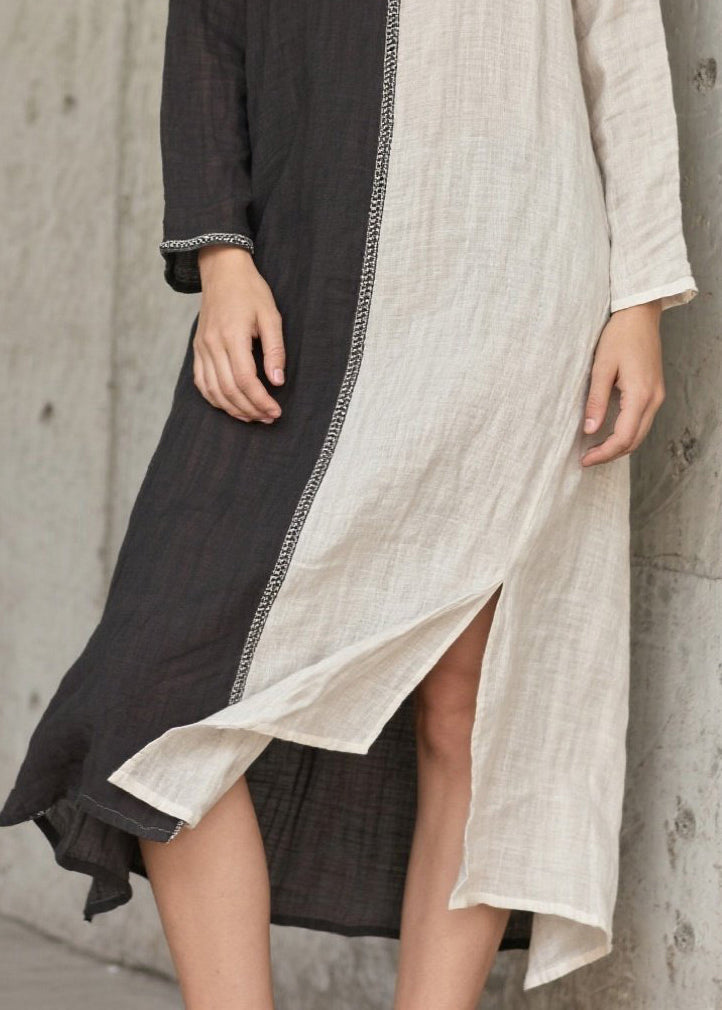 Vintage Grey Asymmetrical Patchwork Side Open Cotton Vacation Dresses Spring