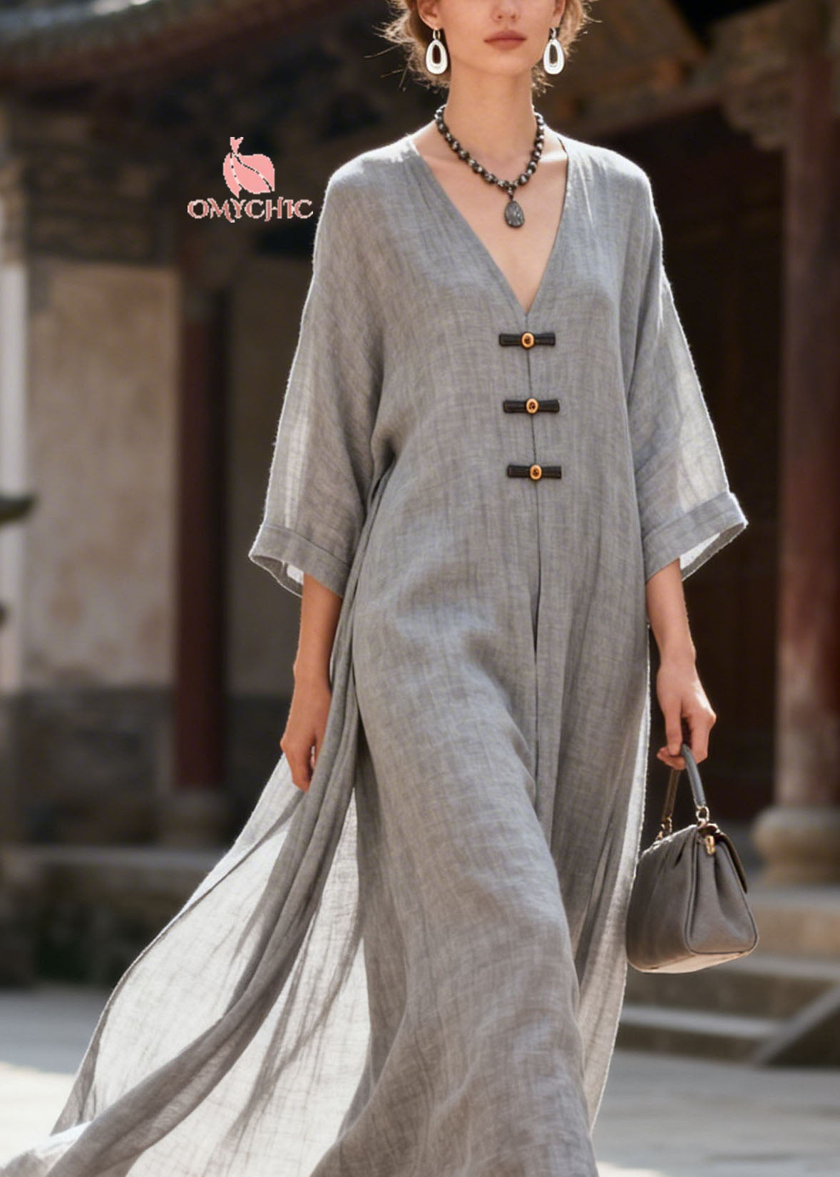 Vintage Grey V Neck Patchwork Oriental Button Cotton Dress Summer