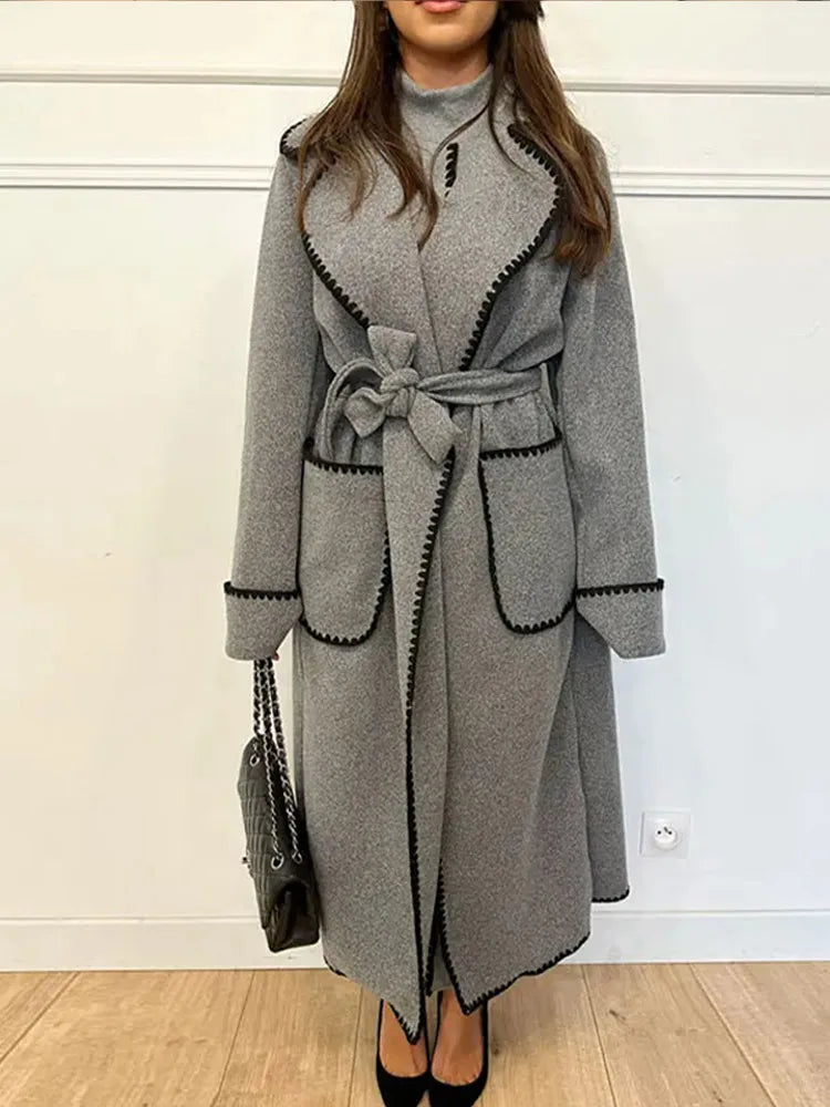 Vintage Patchwork Belted Wool Overcoat GRAY / S