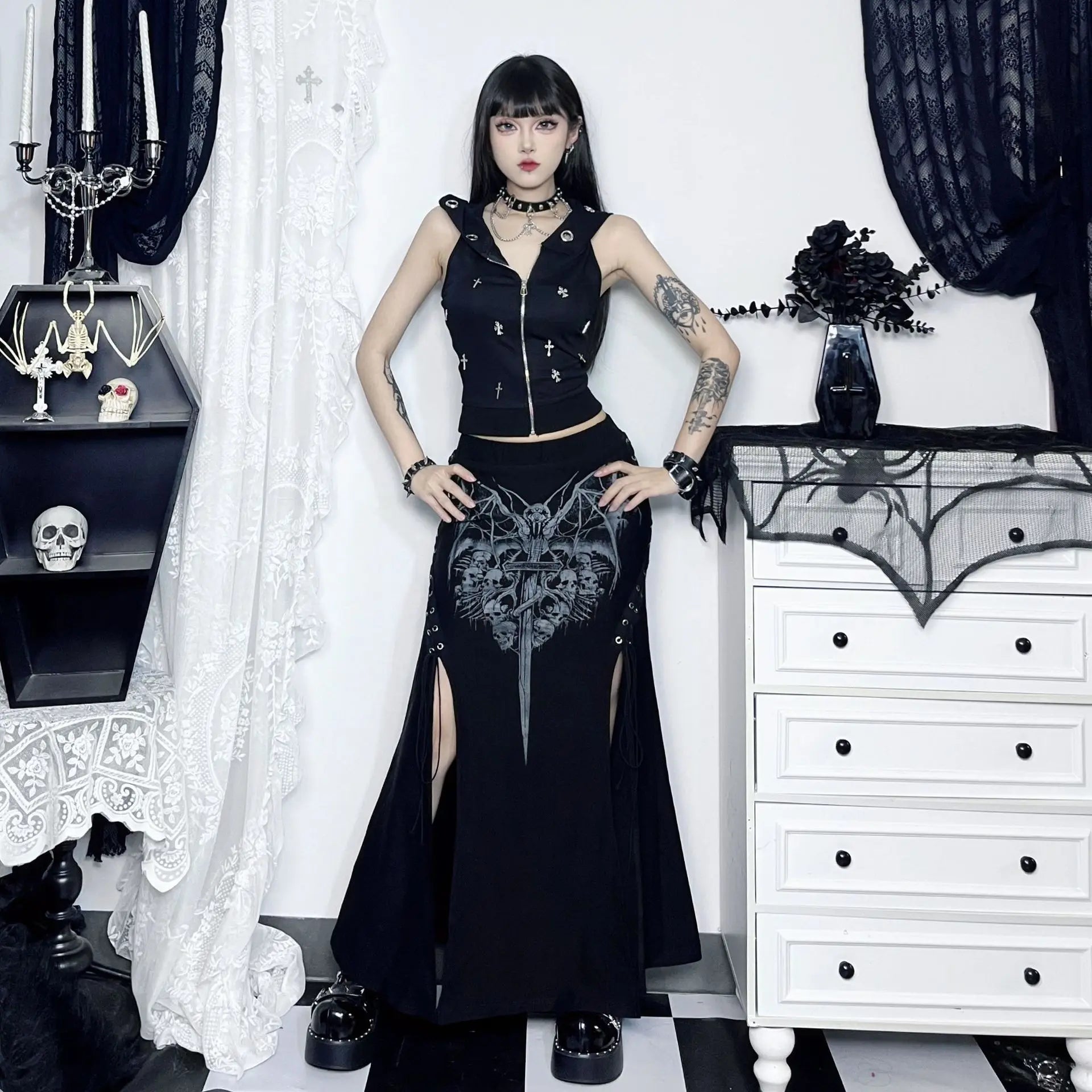 Vintage Print High Waist Mermaid Maxi Gothic Long Gothic Print Sexy Highslit Skirt
