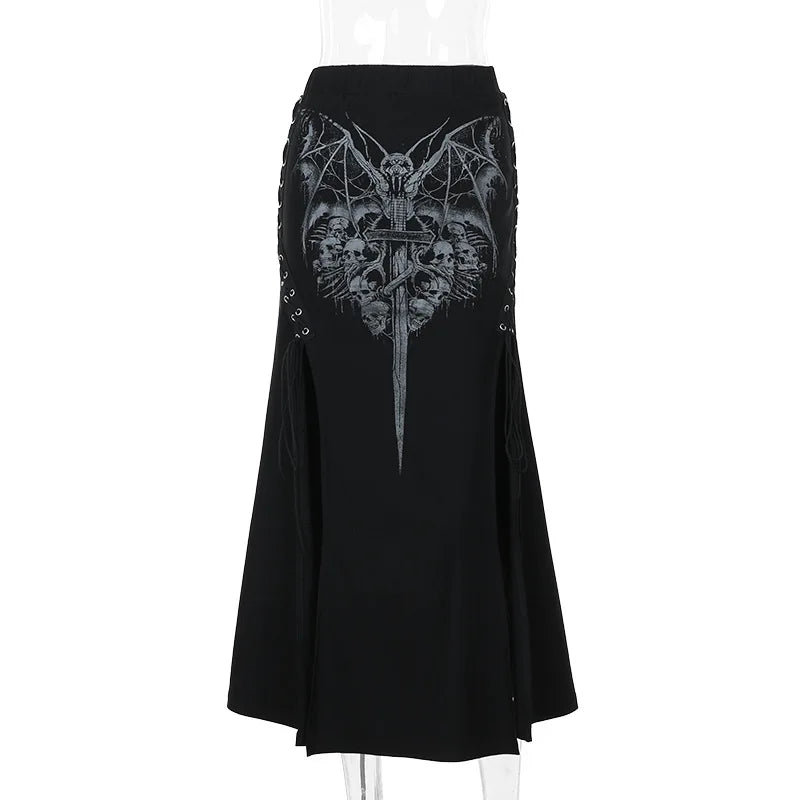 Vintage Print High Waist Mermaid Maxi Gothic Long Gothic Print Sexy Highslit Skirt