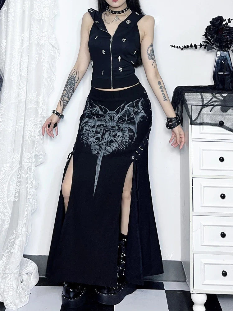 Vintage Print High Waist Mermaid Maxi Gothic Long Gothic Print Sexy Highslit Skirt