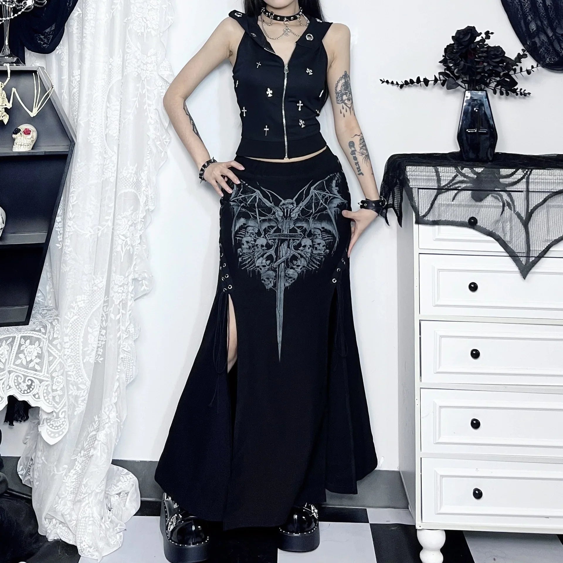 Vintage Print High Waist Mermaid Maxi Gothic Long Gothic Print Sexy Highslit Skirt