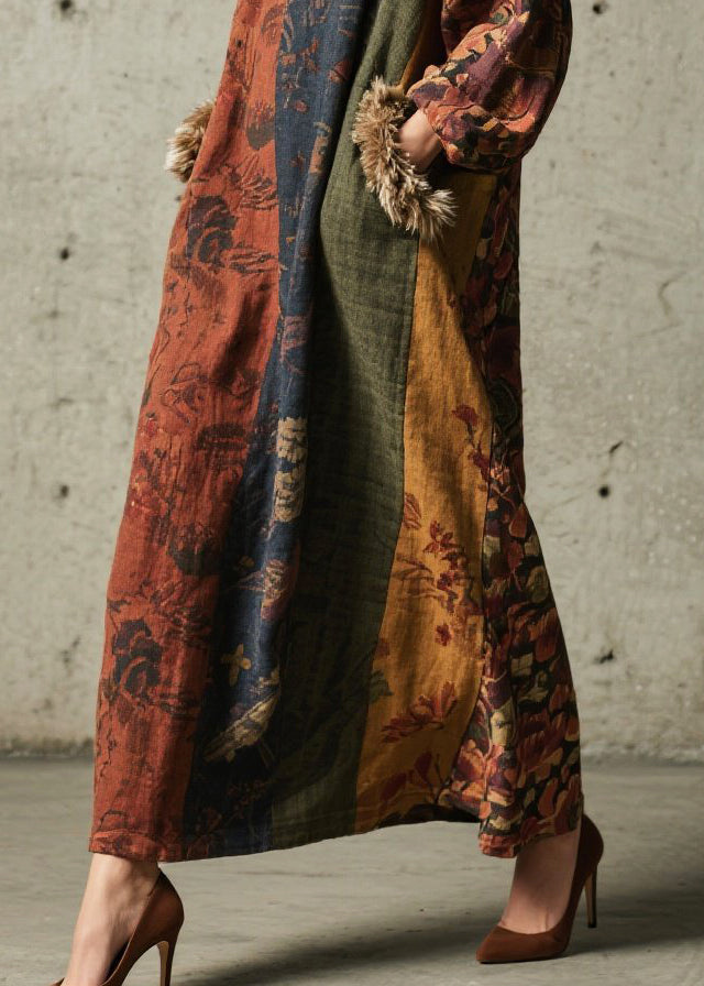 Vintage Print Patchwork Faux Fur Maxi Dresses Fall