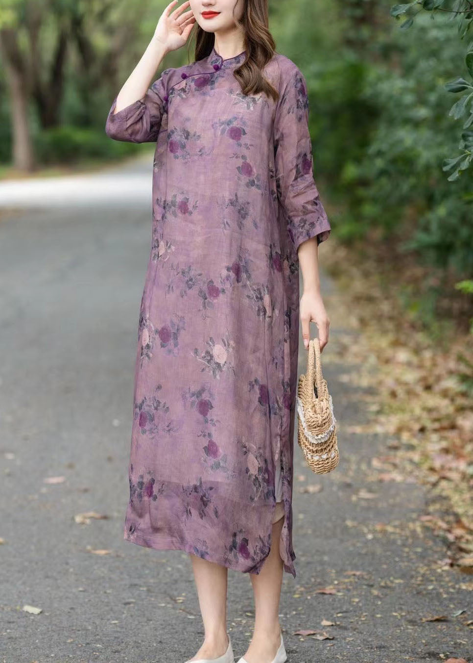 Vintage Purple Stand Collar Print Patchwork Linen Dress Summer