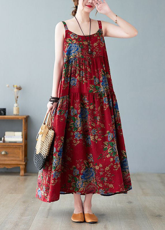 Vintage Red Oversized Print Cotton Spaghetti Strap Dress Dress Summer