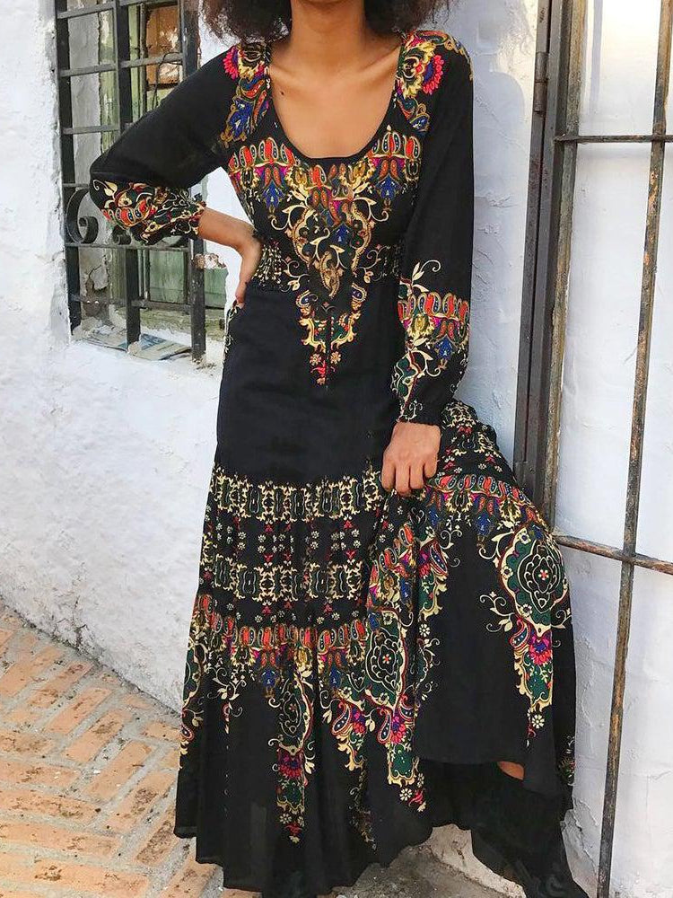 Vintage Print Long Sleeved Prairie Maxi Dress