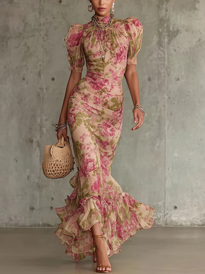 Pink Mock Neck Puff Sleeve Floral Ruffle Hem Mermaid Maxi Dress