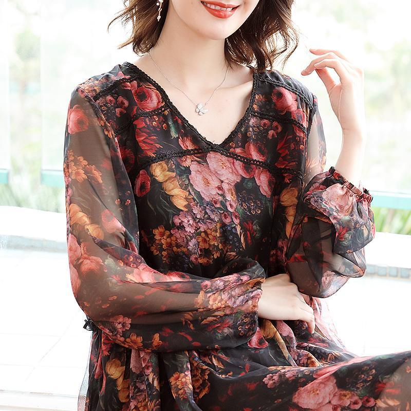 Vintage Chiffon Loose Floral Hollow Women Midi Dress