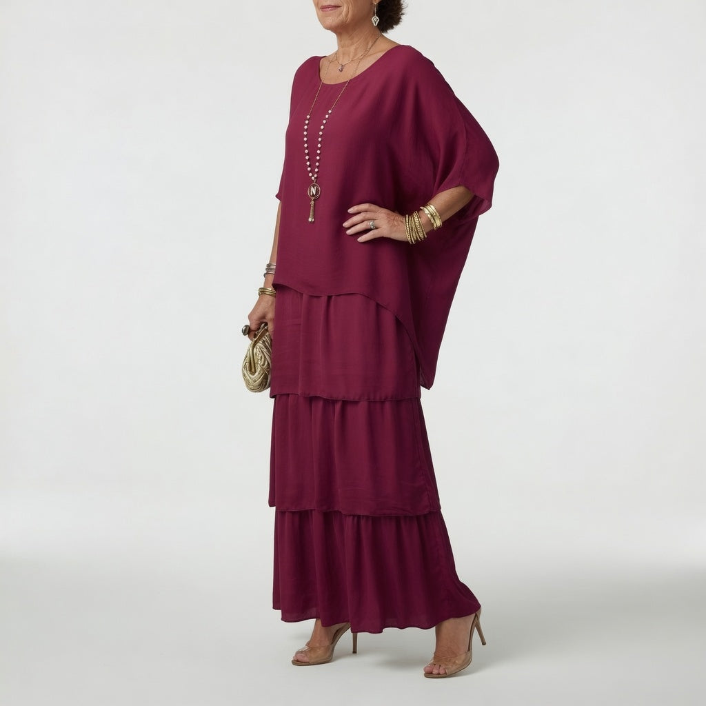 Round Neck Batwing Sleeve Tiered Chiffon Flowy Maxi Dress