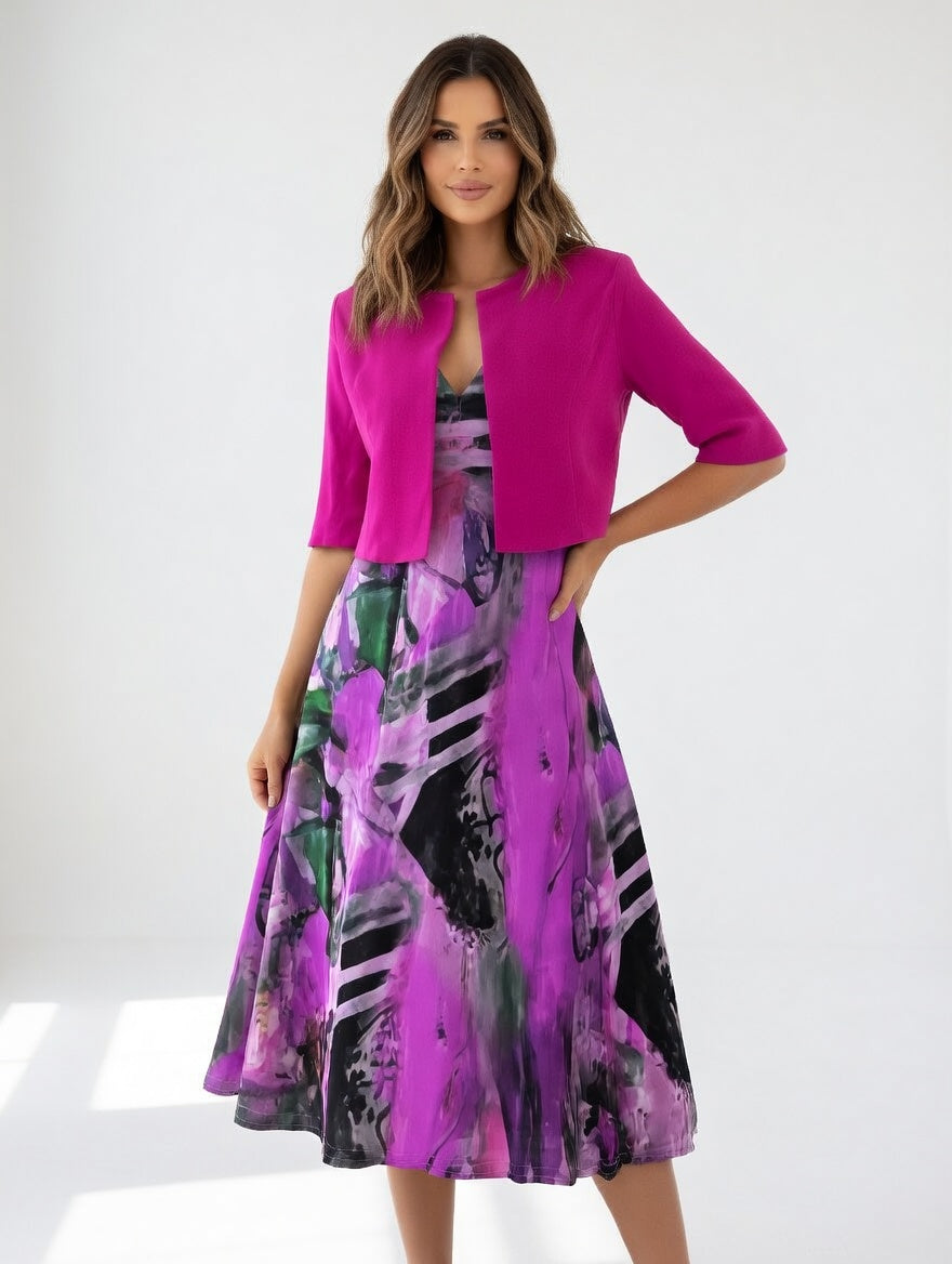 V-Neck Abstract Watercolor Print A-Line Midi Dress