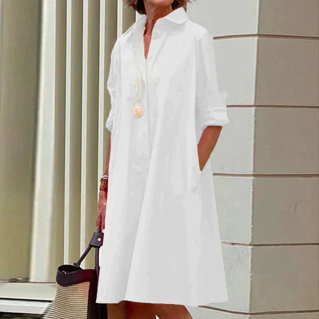 Collared Button Long Sleeve Pocket A-Line Shirt Midi Dress
