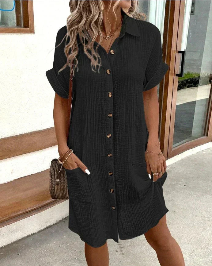 Collared Button-Front Textured Short Sleeve Pocket Shirt Mini Dress 5