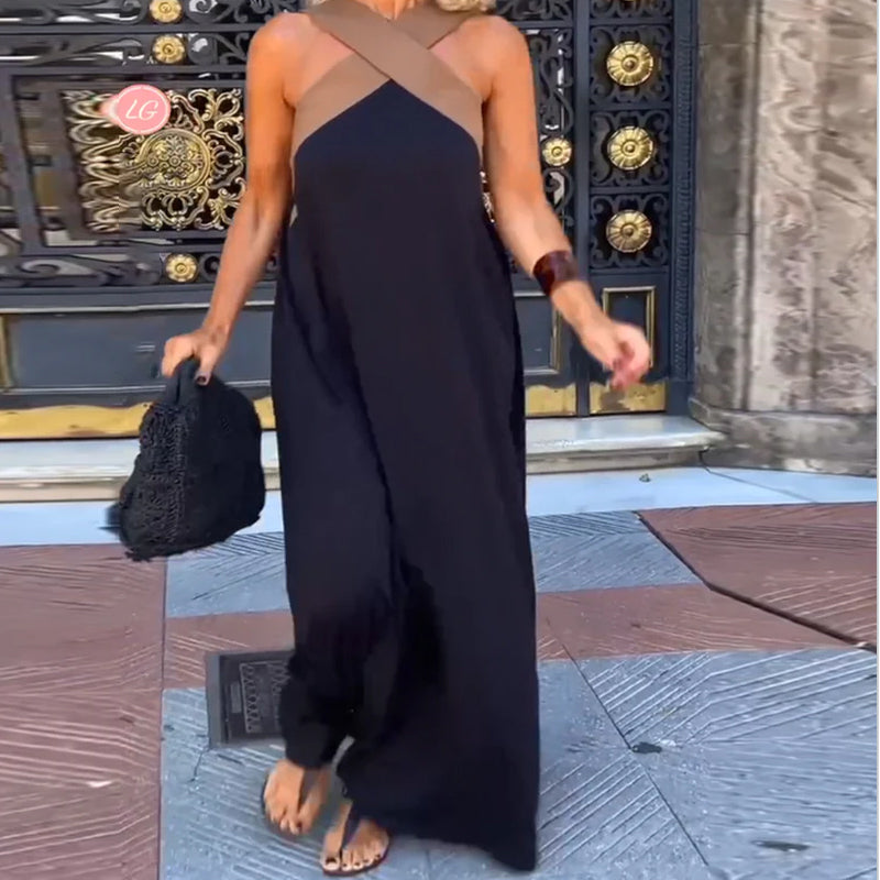 Cross Front Halter Neck Colorblock Sleeveless A-Line Maxi Dress
