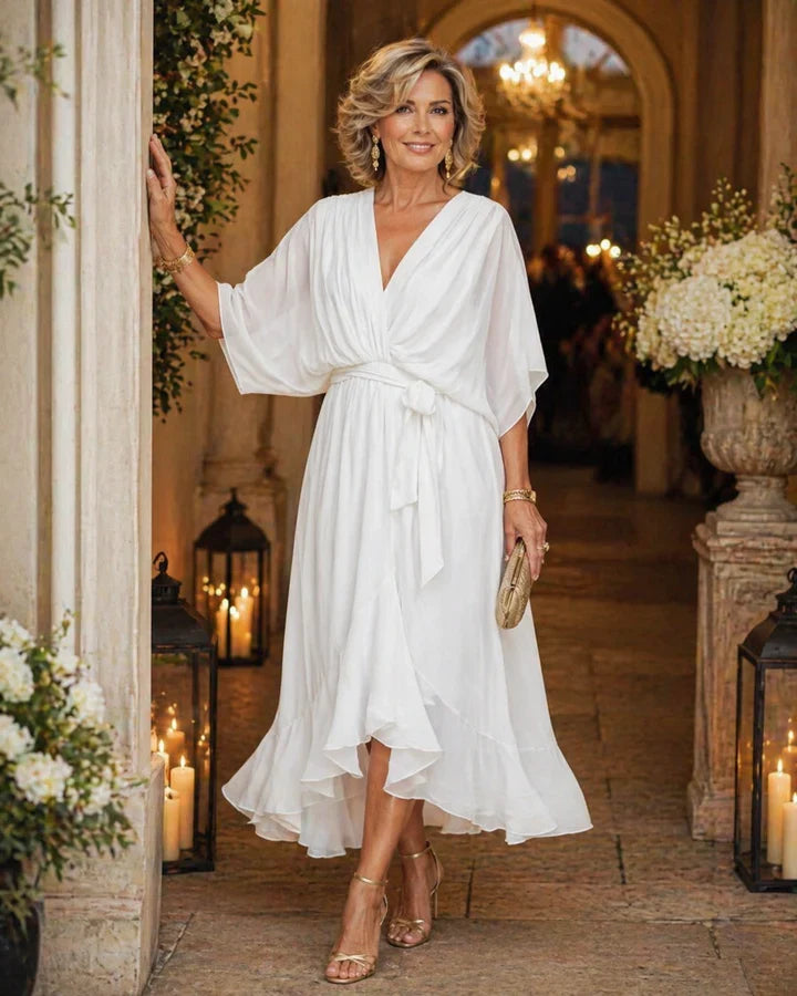 V-Neck Batwing Sleeve Chiffon Tie Waist Wrap High-Low Maxi Dress 2
