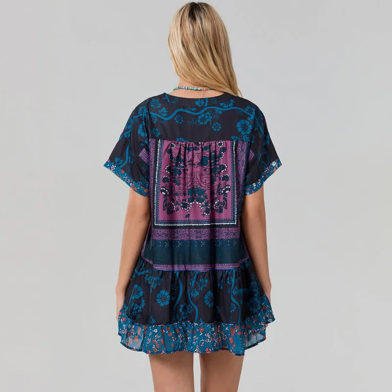 Bohemian Beach Floral Print Flowy Dress with Pockets